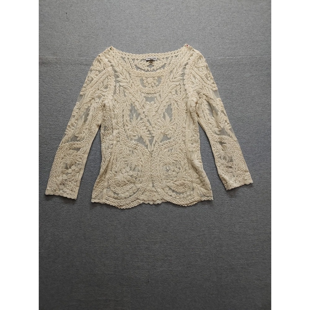 Express Women Top XS Cream Lace Details Round Neck Long‎ Sleeve Pullover Outdoor